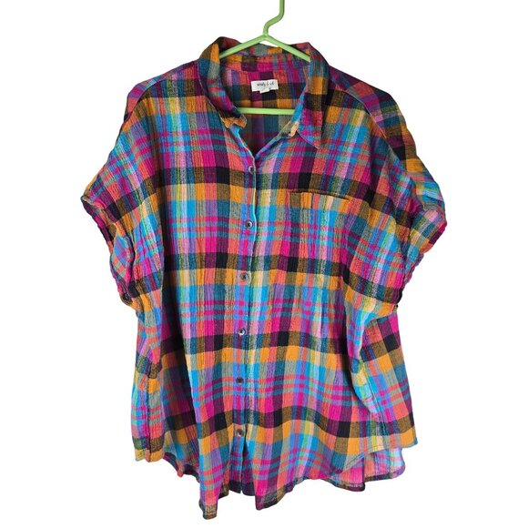 Sandy & Sid Colorful Plaid Button-Up Womens S Lightweight 100% Cotton - Picture 1 of 5